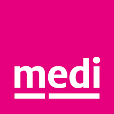 The image shows a logo with a bright pink background and the word "medi" in bold white letters, each underlined.