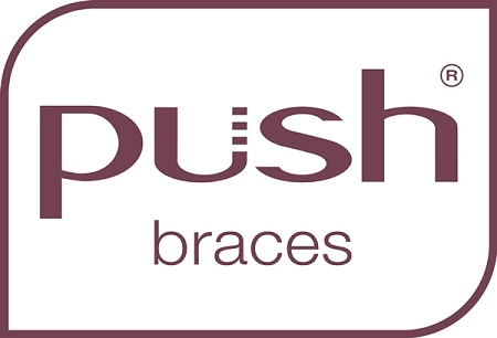 Logo of "push braces" with purple text on a white background, featuring a rounded rectangular border.