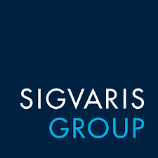 Logo of Sigvaris Group with the name in white and blue text on a dark blue background.